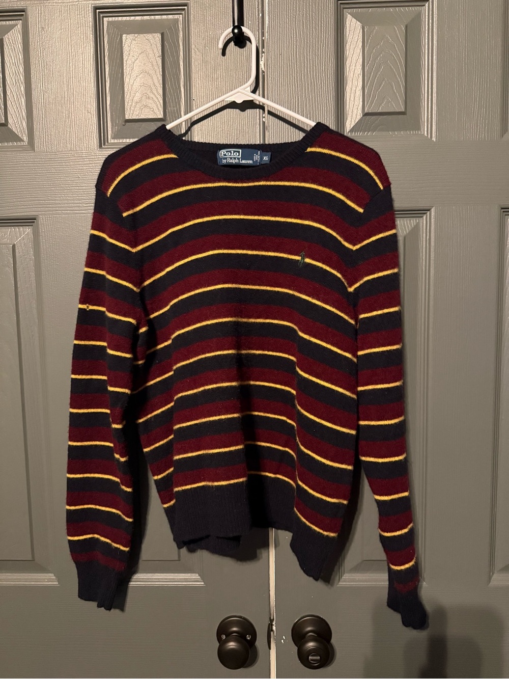 Vintage 100% Wool Polo by Ralph Lauren Men's Burgundy Stripe Crewneck Sweater
